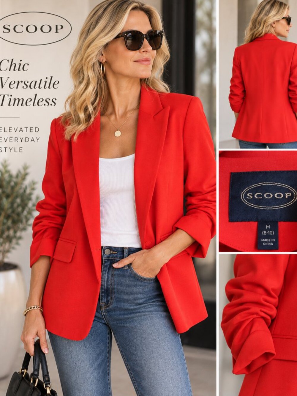 SCOOP Red Ruched Sleeve Blazer Size M | Stretch Open Front Jacket